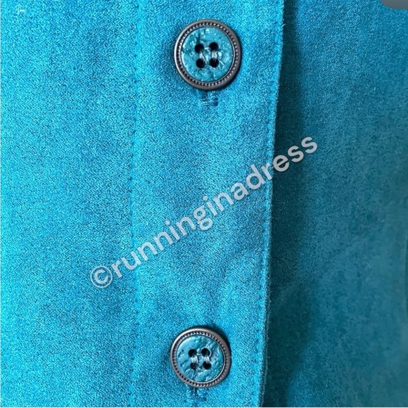 Vintage New Frontier Teal Suede 2-Piece Set Beaded Shirt Jacket & Midi Skirt L - Picture 6 of 16